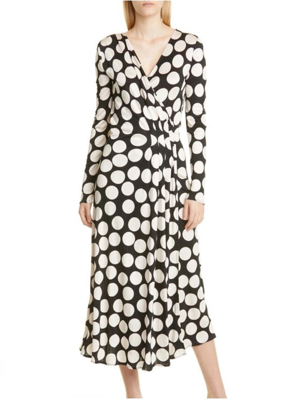 STINE GOYA Small Lola Black &  White Polka Dot Jersey Wrap Midi Dress
